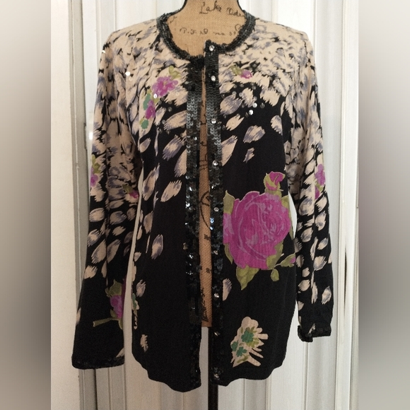 Chico's Tops - Chicos Floral Black Sequin Cardigan